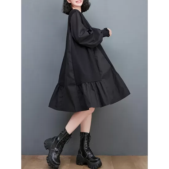 Pleated Solid Color Split-Joint Loose Puff Sleeves Round-neck Midi Dresses Pleated Solid Color Split-Joint Loose Puff Sleeves Round-neck Midi Dresses