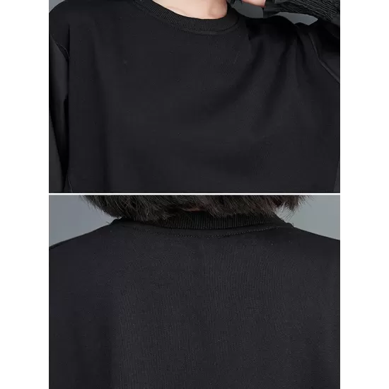 Pleated Solid Color Split-Joint Loose Puff Sleeves Round-neck Midi Dresses Pleated Solid Color Split-Joint Loose Puff Sleeves Round-neck Midi Dresses