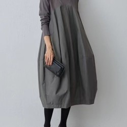 Split-Joint Long Sleeves Loose Round-Neck Midi Dresses