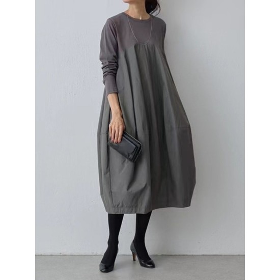 Split-Joint Long Sleeves Loose Round-Neck Midi Dresses Split-Joint Long Sleeves Loose Round-Neck Midi Dresses