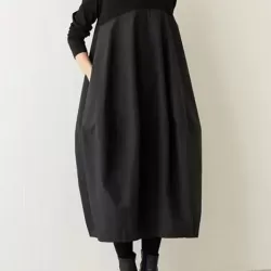 Split-Joint Long Sleeves Loose Round-Neck Midi Dresses