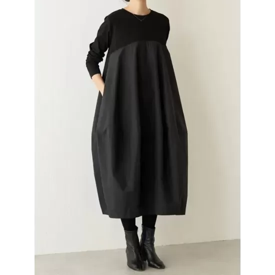 Split-Joint Long Sleeves Loose Round-Neck Midi Dresses Split-Joint Long Sleeves Loose Round-Neck Midi Dresses