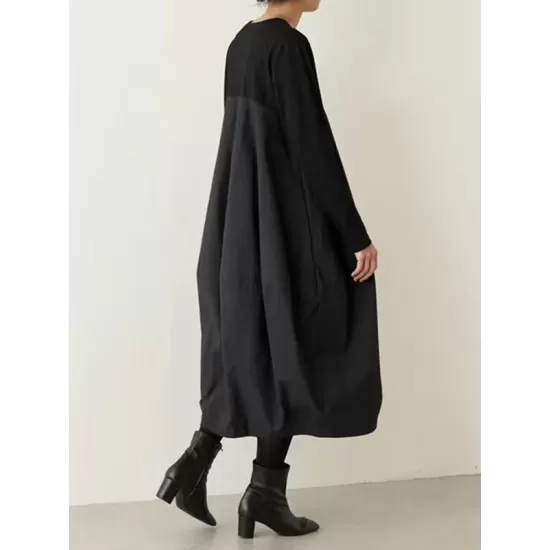 Split-Joint Long Sleeves Loose Round-Neck Midi Dresses Split-Joint Long Sleeves Loose Round-Neck Midi Dresses