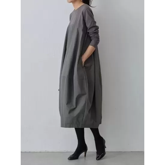 Split-Joint Long Sleeves Loose Round-Neck Midi Dresses Split-Joint Long Sleeves Loose Round-Neck Midi Dresses
