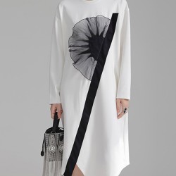 Asymmetric Three-Dimensional Flower High-Low Long Sleeves Round-Neck Midi Dresses