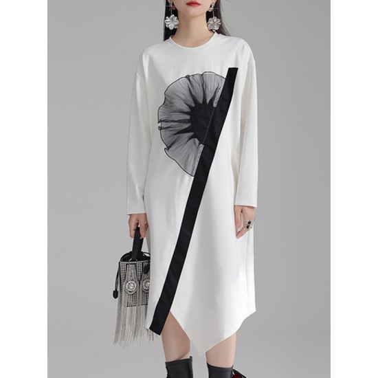 Asymmetric Three-Dimensional Flower High-Low Long Sleeves Round-Neck Midi Dresses Asymmetric Three-Dimensional Flower High-Low Long Sleeves Round-Neck Midi Dresses