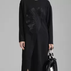 Asymmetric Three-Dimensional Flower High-Low Long Sleeves Round-Neck Midi Dresses
