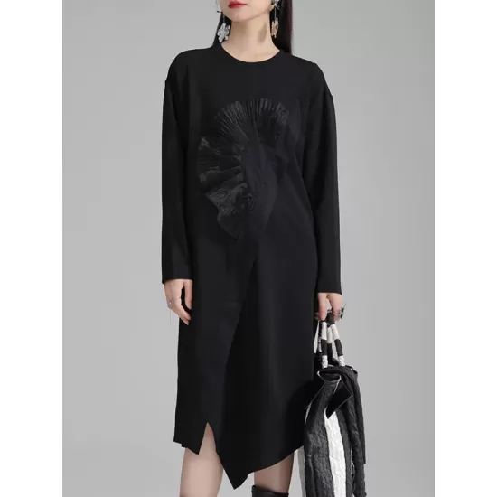 Asymmetric Three-Dimensional Flower High-Low Long Sleeves Round-Neck Midi Dresses Asymmetric Three-Dimensional Flower High-Low Long Sleeves Round-Neck Midi Dresses