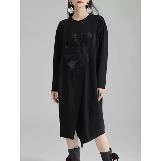 Asymmetric Three-Dimensional Flower High-Low Long Sleeves Round-Neck Midi Dresses Asymmetric Three-Dimensional Flower High-Low Long Sleeves Round-Neck Midi Dresses