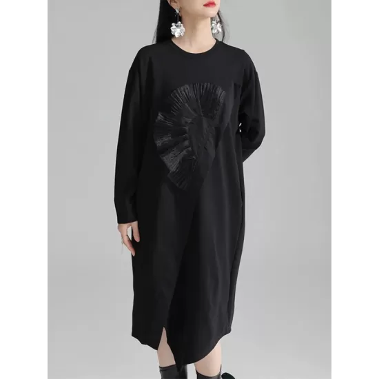 Asymmetric Three-Dimensional Flower High-Low Long Sleeves Round-Neck Midi Dresses Asymmetric Three-Dimensional Flower High-Low Long Sleeves Round-Neck Midi Dresses