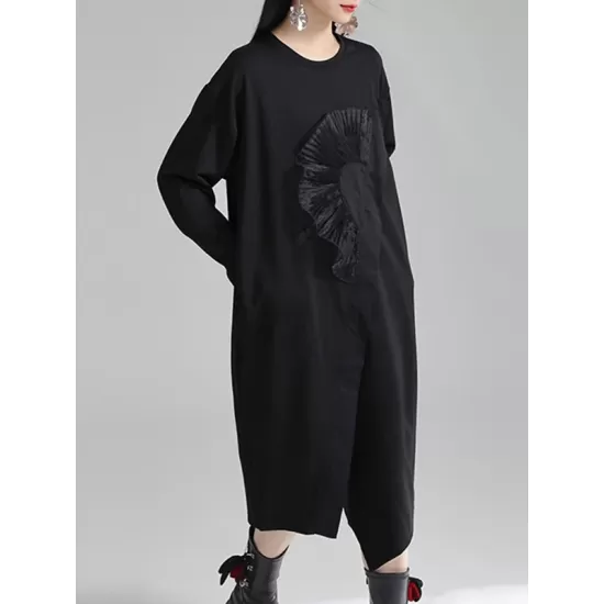 Asymmetric Three-Dimensional Flower High-Low Long Sleeves Round-Neck Midi Dresses Asymmetric Three-Dimensional Flower High-Low Long Sleeves Round-Neck Midi Dresses