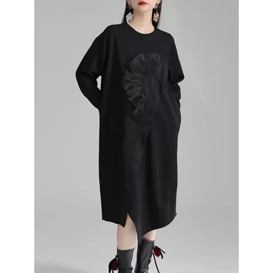 Asymmetric Three-Dimensional Flower High-Low Long Sleeves Round-Neck Midi Dresses Asymmetric Three-Dimensional Flower High-Low Long Sleeves Round-Neck Midi Dresses