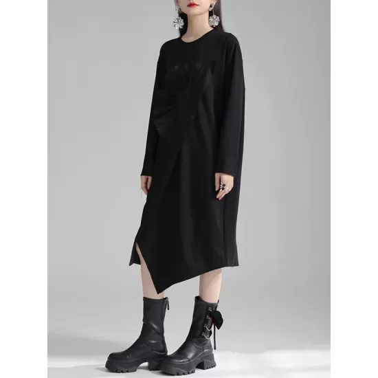Asymmetric Three-Dimensional Flower High-Low Long Sleeves Round-Neck Midi Dresses Asymmetric Three-Dimensional Flower High-Low Long Sleeves Round-Neck Midi Dresses