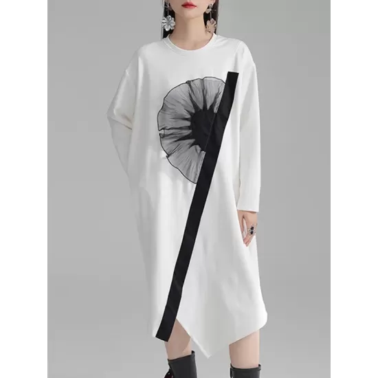 Asymmetric Three-Dimensional Flower High-Low Long Sleeves Round-Neck Midi Dresses Asymmetric Three-Dimensional Flower High-Low Long Sleeves Round-Neck Midi Dresses