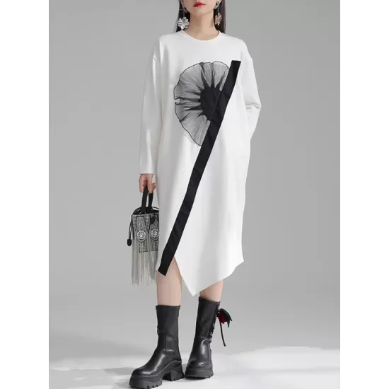 Asymmetric Three-Dimensional Flower High-Low Long Sleeves Round-Neck Midi Dresses Asymmetric Three-Dimensional Flower High-Low Long Sleeves Round-Neck Midi Dresses
