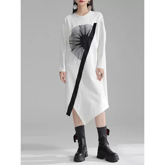 Asymmetric Three-Dimensional Flower High-Low Long Sleeves Round-Neck Midi Dresses Asymmetric Three-Dimensional Flower High-Low Long Sleeves Round-Neck Midi Dresses