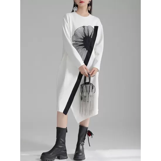 Asymmetric Three-Dimensional Flower High-Low Long Sleeves Round-Neck Midi Dresses Asymmetric Three-Dimensional Flower High-Low Long Sleeves Round-Neck Midi Dresses