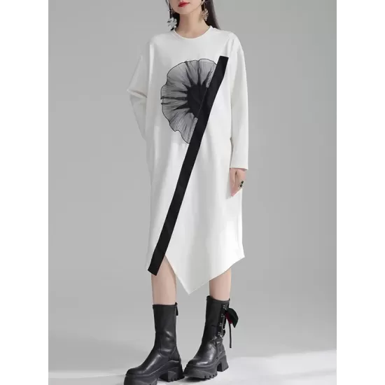Asymmetric Three-Dimensional Flower High-Low Long Sleeves Round-Neck Midi Dresses Asymmetric Three-Dimensional Flower High-Low Long Sleeves Round-Neck Midi Dresses