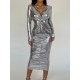 Pleated Shiny Solid Color Split-Joint Bodycon Long Sleeves V-Neck Midi Dresses Pleated Shiny Solid Color Split-Joint Bodycon Long Sleeves V-Neck Midi Dresses