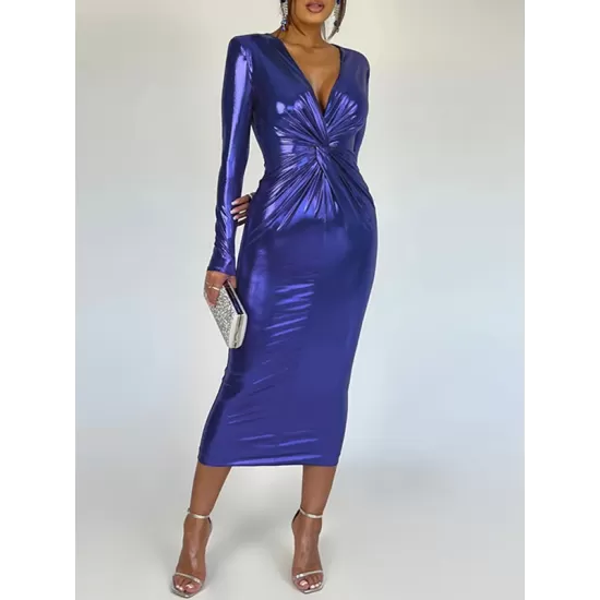 Pleated Shiny Solid Color Split-Joint Bodycon Long Sleeves V-Neck Midi Dresses Pleated Shiny Solid Color Split-Joint Bodycon Long Sleeves V-Neck Midi Dresses