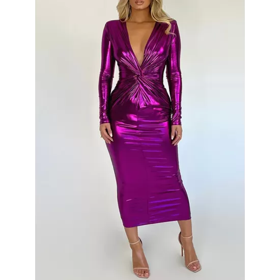 Pleated Shiny Solid Color Split-Joint Bodycon Long Sleeves V-Neck Midi Dresses Pleated Shiny Solid Color Split-Joint Bodycon Long Sleeves V-Neck Midi Dresses