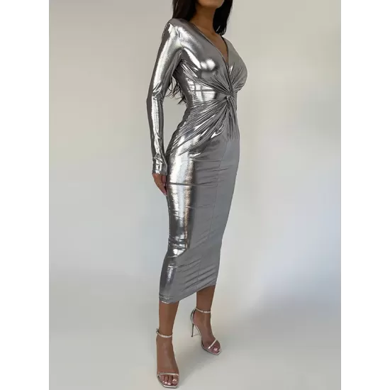 Pleated Shiny Solid Color Split-Joint Bodycon Long Sleeves V-Neck Midi Dresses Pleated Shiny Solid Color Split-Joint Bodycon Long Sleeves V-Neck Midi Dresses