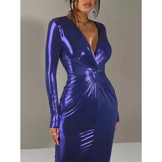 Pleated Shiny Solid Color Split-Joint Bodycon Long Sleeves V-Neck Midi Dresses Pleated Shiny Solid Color Split-Joint Bodycon Long Sleeves V-Neck Midi Dresses