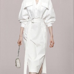 See-Through Split-Joint Split-Side Tied Waist Long Sleeves Loose V-Neck Shirt Dress Midi Dresses