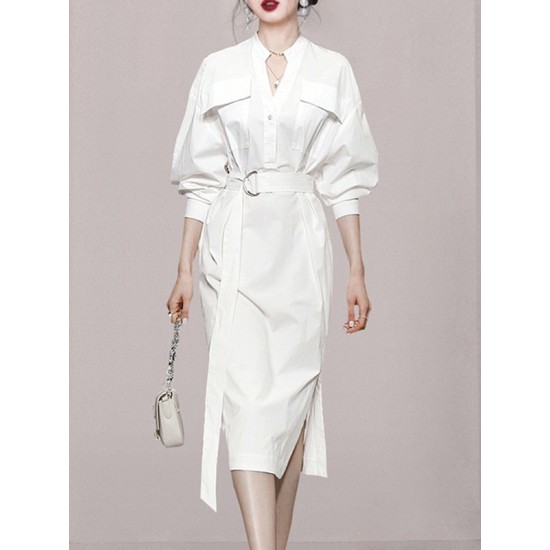 See-Through Split-Joint Split-Side Tied Waist Long Sleeves Loose V-Neck Shirt Dress Midi Dresses See-Through Split-Joint Split-Side Tied Waist Long Sleeves Loose V-Neck Shirt Dress Midi Dresses