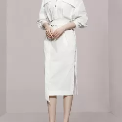 See-Through Split-Joint Split-Side Tied Waist Long Sleeves Loose V-Neck Shirt Dress Midi Dresses