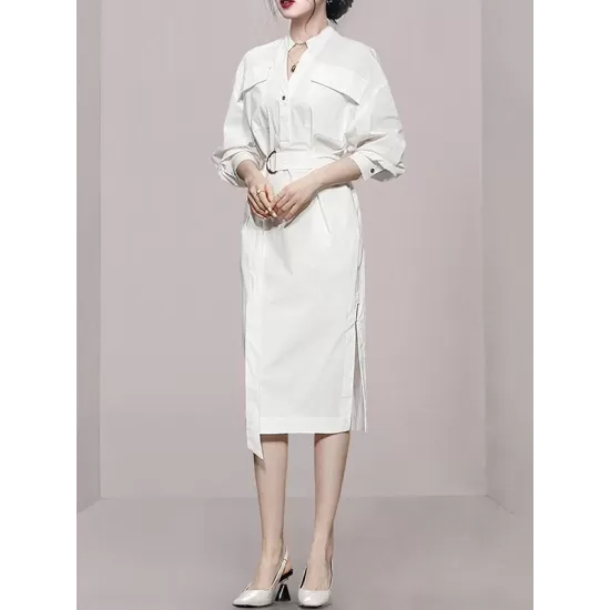 See-Through Split-Joint Split-Side Tied Waist Long Sleeves Loose V-Neck Shirt Dress Midi Dresses See-Through Split-Joint Split-Side Tied Waist Long Sleeves Loose V-Neck Shirt Dress Midi Dresses