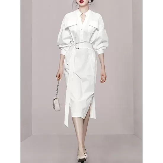 See-Through Split-Joint Split-Side Tied Waist Long Sleeves Loose V-Neck Shirt Dress Midi Dresses See-Through Split-Joint Split-Side Tied Waist Long Sleeves Loose V-Neck Shirt Dress Midi Dresses