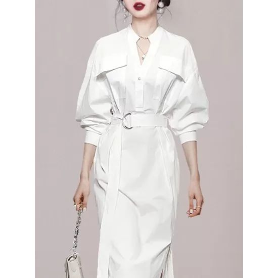 See-Through Split-Joint Split-Side Tied Waist Long Sleeves Loose V-Neck Shirt Dress Midi Dresses See-Through Split-Joint Split-Side Tied Waist Long Sleeves Loose V-Neck Shirt Dress Midi Dresses