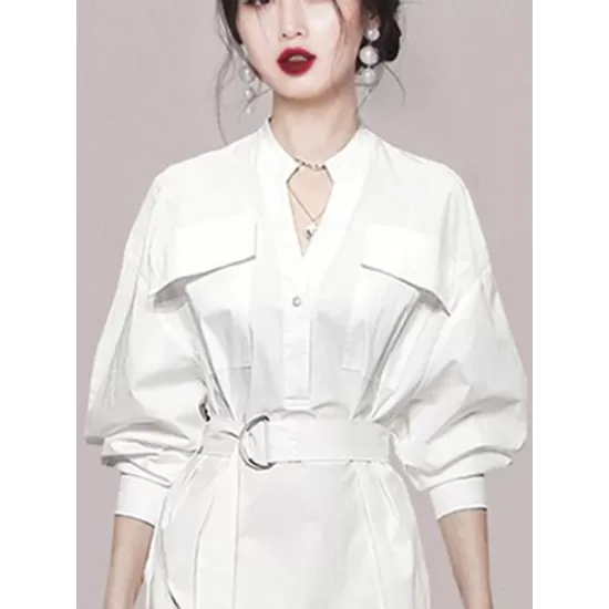 See-Through Split-Joint Split-Side Tied Waist Long Sleeves Loose V-Neck Shirt Dress Midi Dresses See-Through Split-Joint Split-Side Tied Waist Long Sleeves Loose V-Neck Shirt Dress Midi Dresses