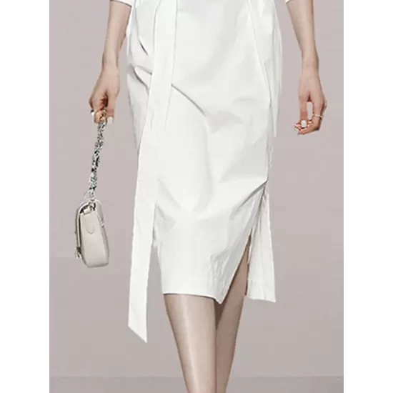 See-Through Split-Joint Split-Side Tied Waist Long Sleeves Loose V-Neck Shirt Dress Midi Dresses See-Through Split-Joint Split-Side Tied Waist Long Sleeves Loose V-Neck Shirt Dress Midi Dresses
