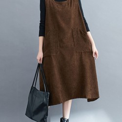 Corduroy Sleeveless Split-Joint Round-Neck Midi Dress