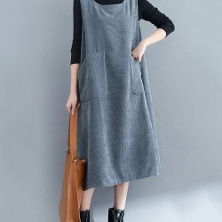 Corduroy Sleeveless Split-Joint Round-Neck Midi Dress