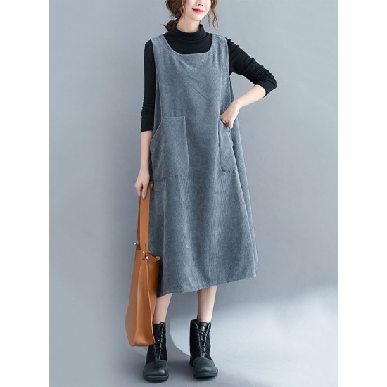 Corduroy Sleeveless Split-Joint Round-Neck Midi Dress Corduroy Sleeveless Split-Joint Round-Neck Midi Dress