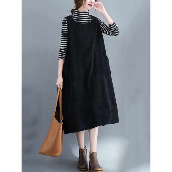 Corduroy Sleeveless Split-Joint Round-Neck Midi Dress Corduroy Sleeveless Split-Joint Round-Neck Midi Dress
