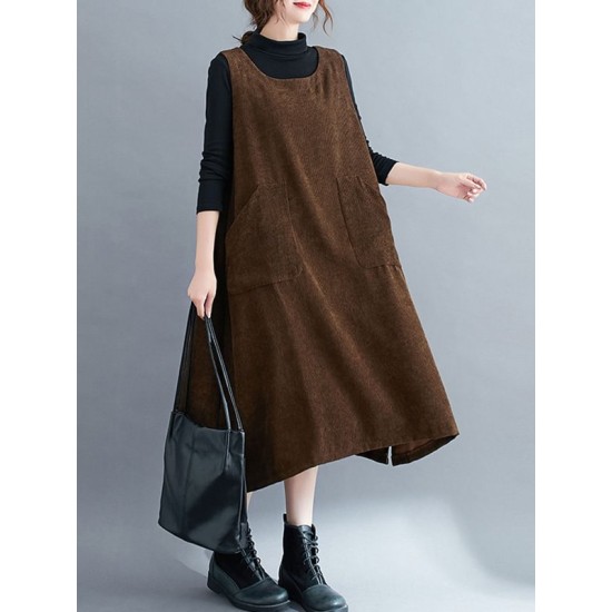 Corduroy Sleeveless Split-Joint Round-Neck Midi Dress Corduroy Sleeveless Split-Joint Round-Neck Midi Dress