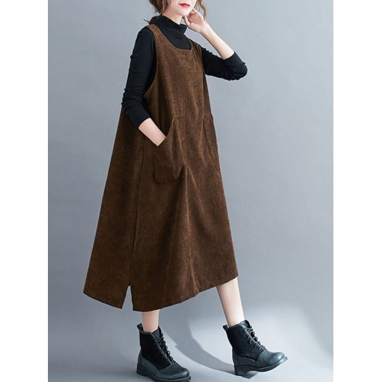 Corduroy Sleeveless Split-Joint Round-Neck Midi Dress Corduroy Sleeveless Split-Joint Round-Neck Midi Dress