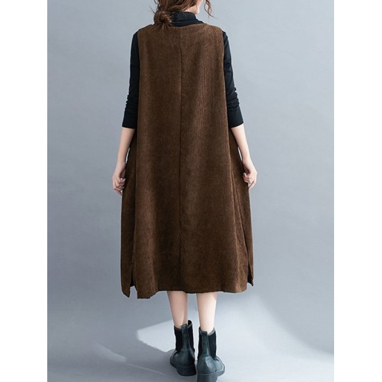 Corduroy Sleeveless Split-Joint Round-Neck Midi Dress Corduroy Sleeveless Split-Joint Round-Neck Midi Dress
