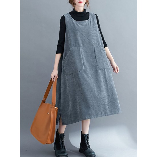 Corduroy Sleeveless Split-Joint Round-Neck Midi Dress Corduroy Sleeveless Split-Joint Round-Neck Midi Dress