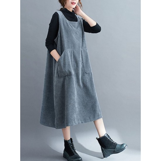 Corduroy Sleeveless Split-Joint Round-Neck Midi Dress Corduroy Sleeveless Split-Joint Round-Neck Midi Dress