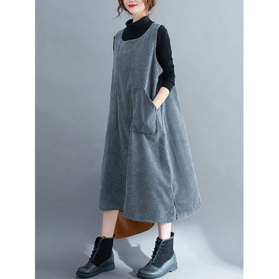 Corduroy Sleeveless Split-Joint Round-Neck Midi Dress Corduroy Sleeveless Split-Joint Round-Neck Midi Dress