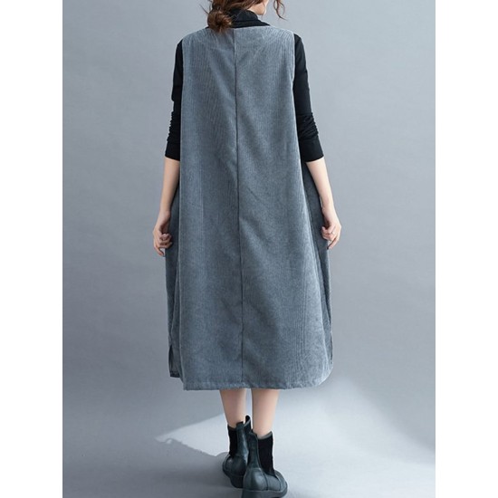 Corduroy Sleeveless Split-Joint Round-Neck Midi Dress Corduroy Sleeveless Split-Joint Round-Neck Midi Dress