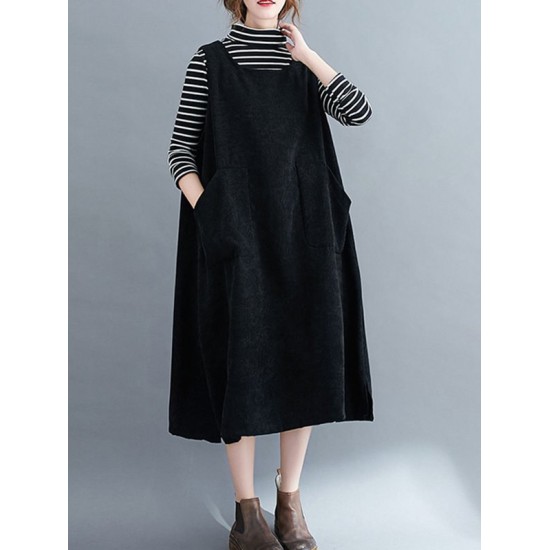 Corduroy Sleeveless Split-Joint Round-Neck Midi Dress Corduroy Sleeveless Split-Joint Round-Neck Midi Dress