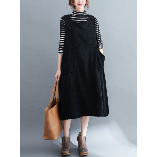 Corduroy Sleeveless Split-Joint Round-Neck Midi Dress Corduroy Sleeveless Split-Joint Round-Neck Midi Dress