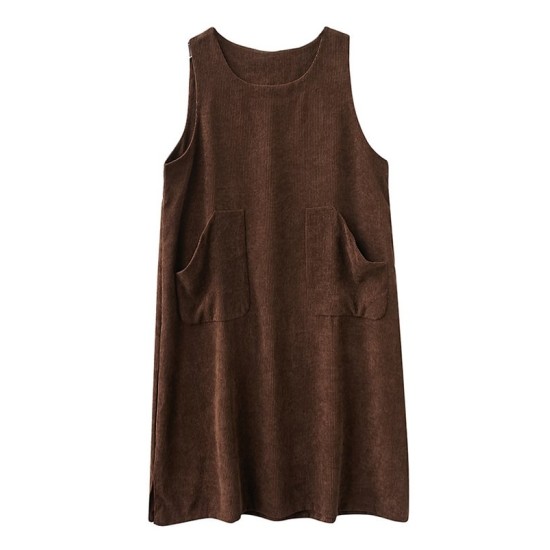 Corduroy Sleeveless Split-Joint Round-Neck Midi Dress Corduroy Sleeveless Split-Joint Round-Neck Midi Dress
