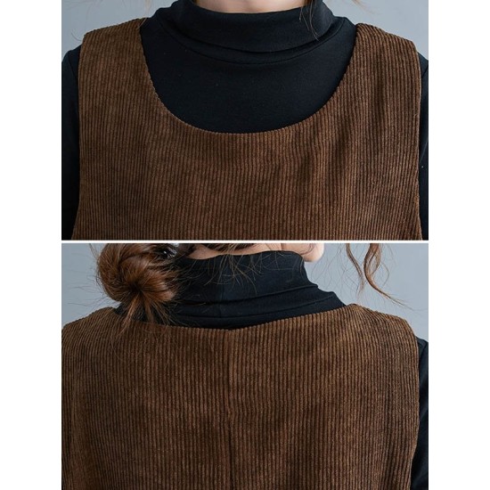 Corduroy Sleeveless Split-Joint Round-Neck Midi Dress Corduroy Sleeveless Split-Joint Round-Neck Midi Dress